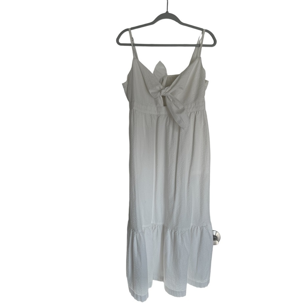 LIKE NEW J.Crew White Seersucker Honeymoon/Bridal tie-front cutout midi dress - Picture 3 of 8